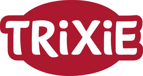 logo de la marque Trixie. le nom Trixie écrit en lettres blanches sur une ellipse rouge